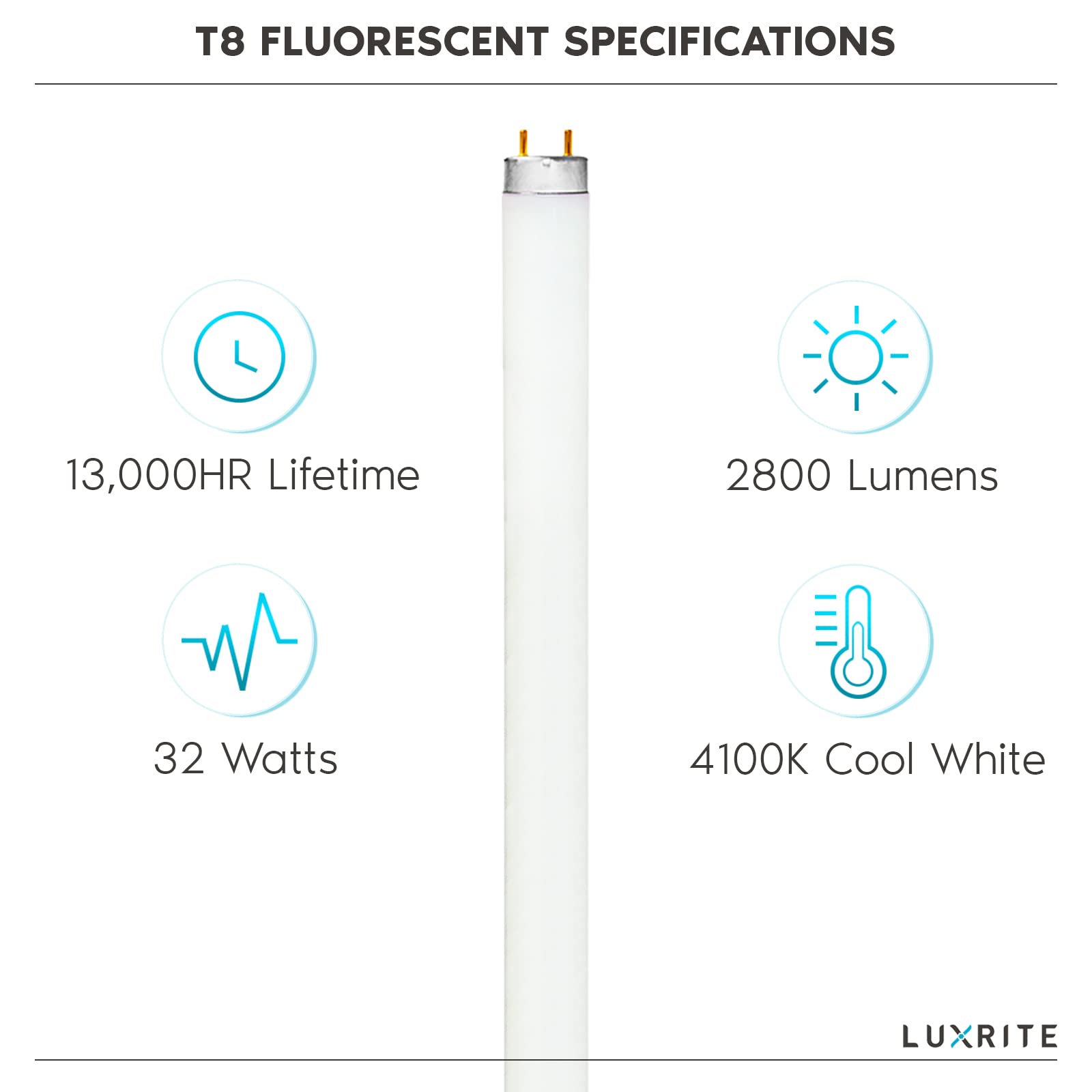 LUXRITE LR20730 (10-Pack) F32T8/841 32-Watt 4 FT T8 Fluorescent Tube Light Bulb, Cool White 4100K, 2800 Lumens, G13 Medium Bi-Pin Base