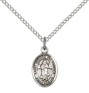 f a dumont sterling silver st. isidore the farmer pendant with 18" stainless steel lite curb chain. patron st of agri workers