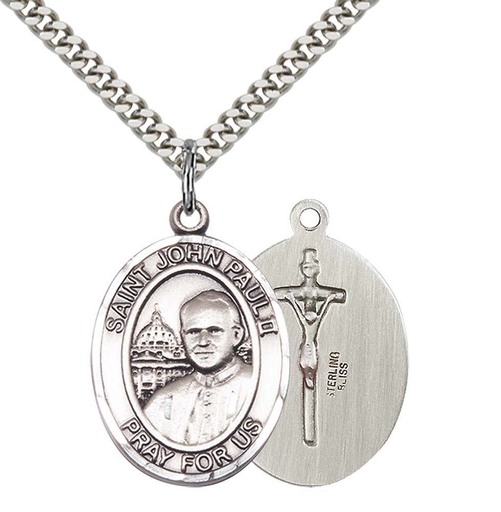 F A Dumont Sterling Silver St. John Paul II Pendant with 24" Stainless Steel Heavy Curb Chain.