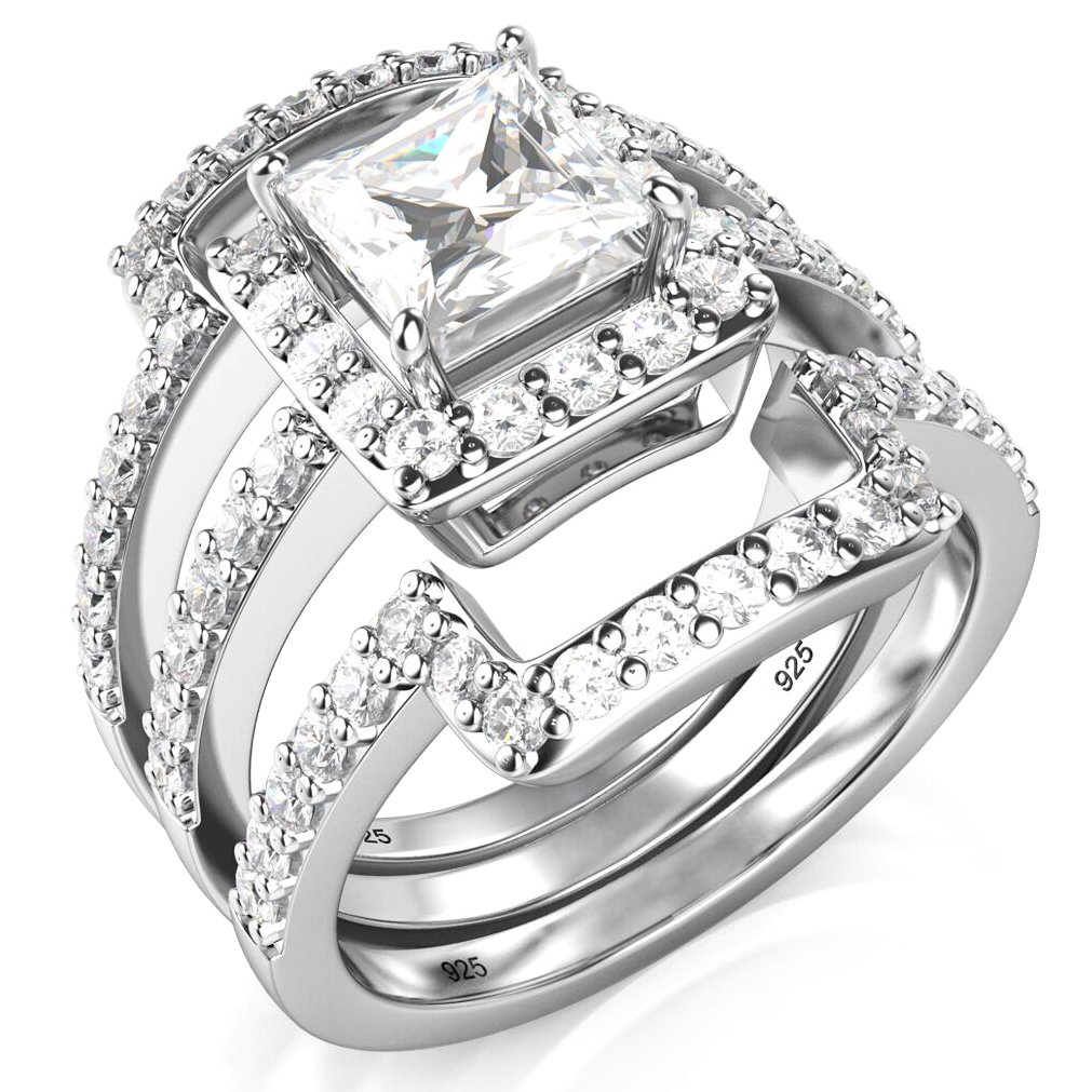 Metal Factory Sz 11 Sterling Silver 3Pcs 925 CZ Cubic Zirconia Engagement Wedding Band Ring Set