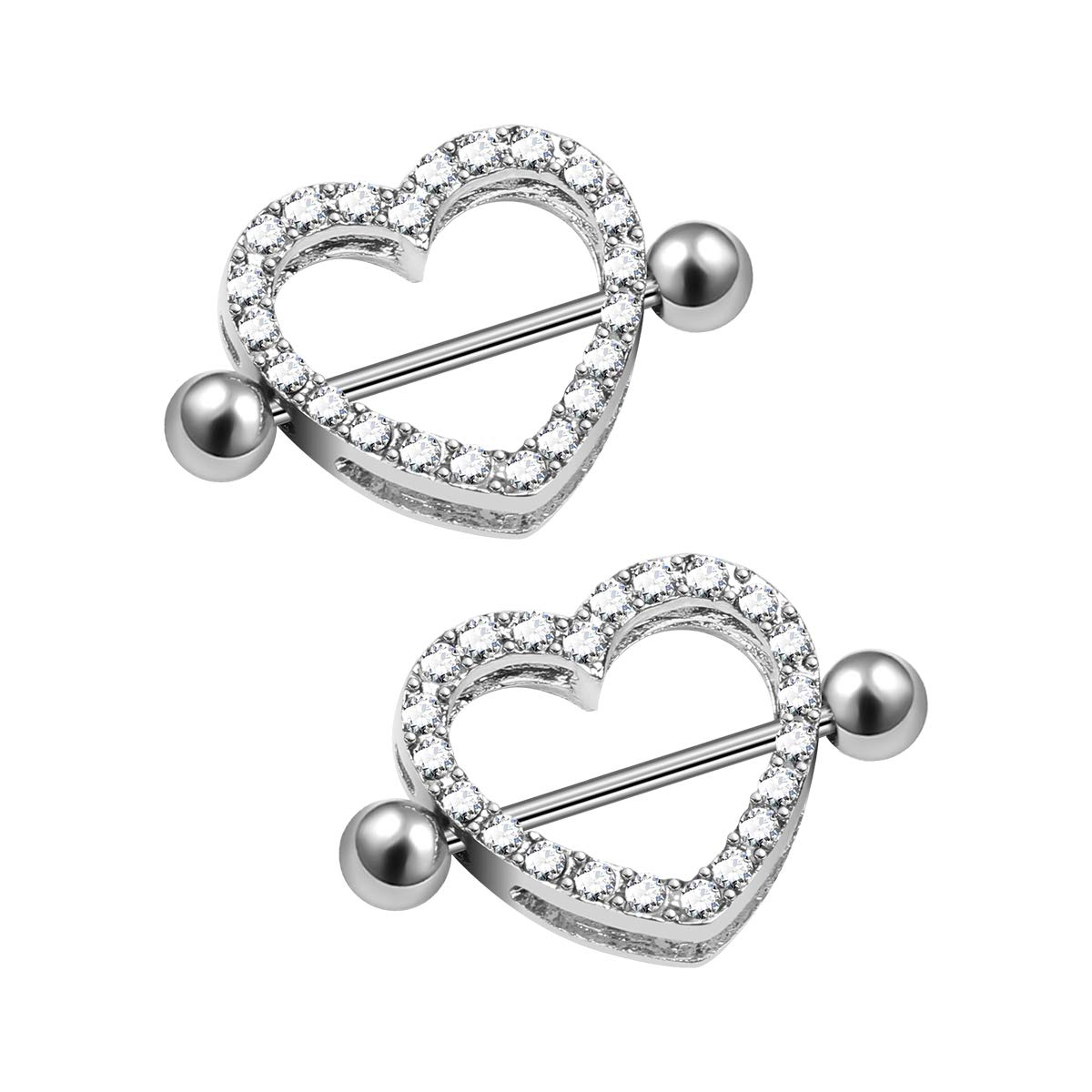 CrazyPiercing 2pcs Clear Gem Paved Heart Nipple Shield Ring 14GA 7/8" Length