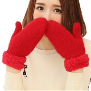 Winter Thicken Warmer Women Gloves Knitted Wool Plush Full Finger Mittens (Red)1