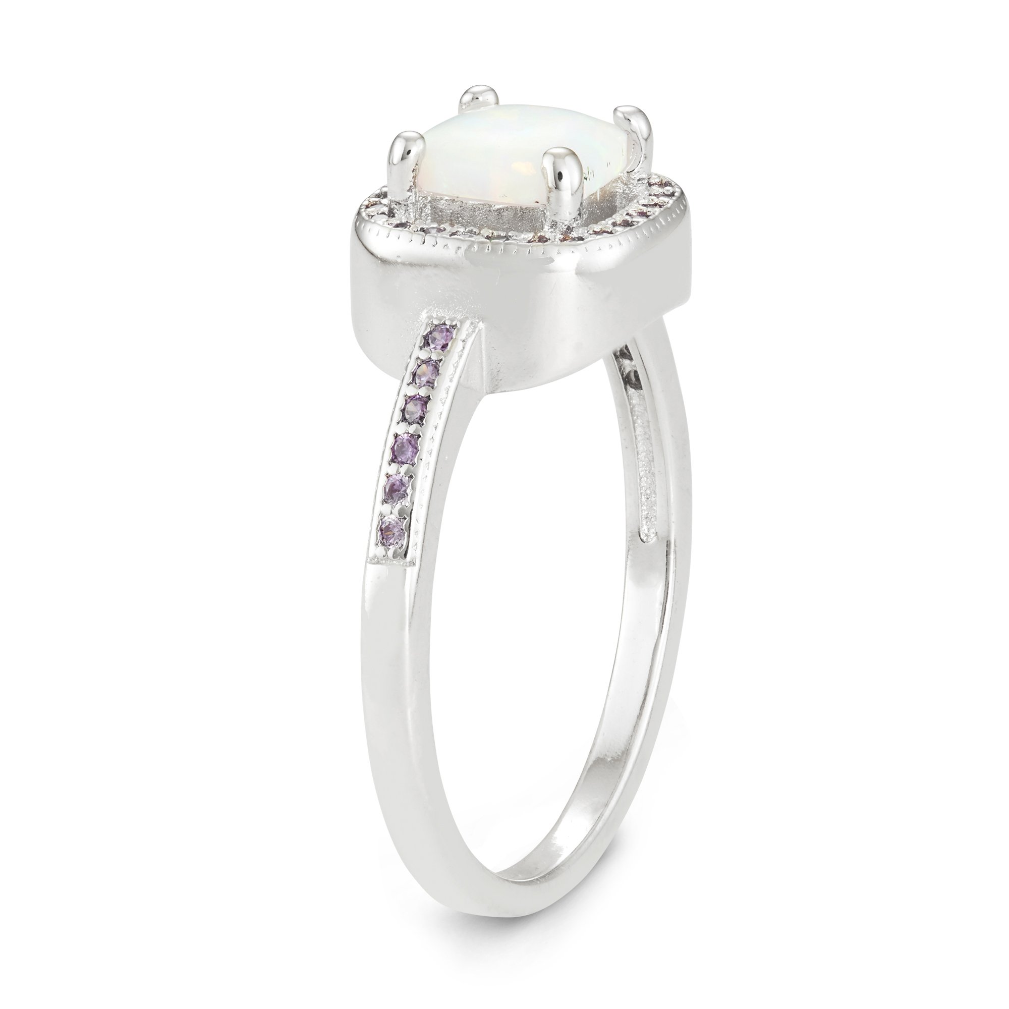 Sterling Silver Created White Opal & Amethyst CZ Square Ring (Size 8)