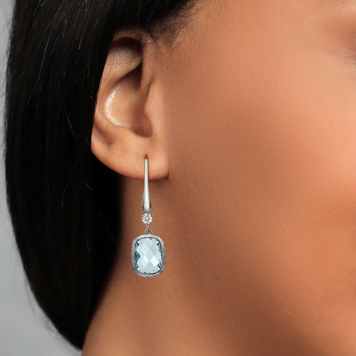 Gem Stone King 925 Sterling Silver Simulated Aquamarine Earrings | 4.60 Cttw | 13X9MM Cushion Checkerboard Cut | Drop Dangle Earrings for Women