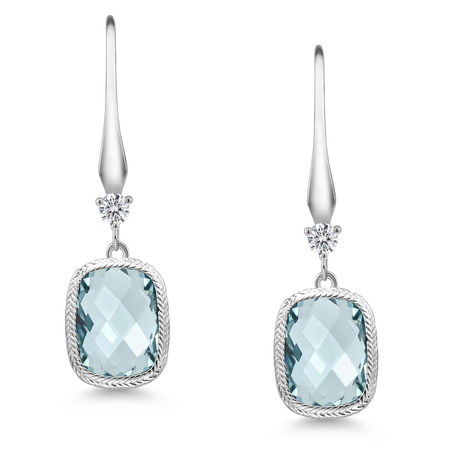 Gem Stone King 925 Sterling Silver Simulated Aquamarine Earrings | 4.60 Cttw | 13X9MM Cushion Checkerboard Cut | Drop Dangle Earrings for Women