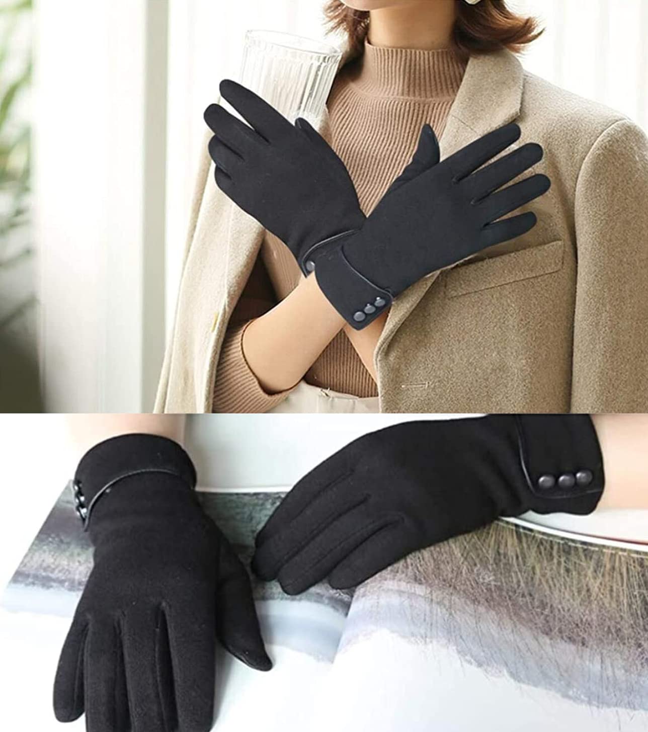 Tomily Womens Touch Screen Phone Fleece Windproof Gloves Winter Warm Wear (Black)