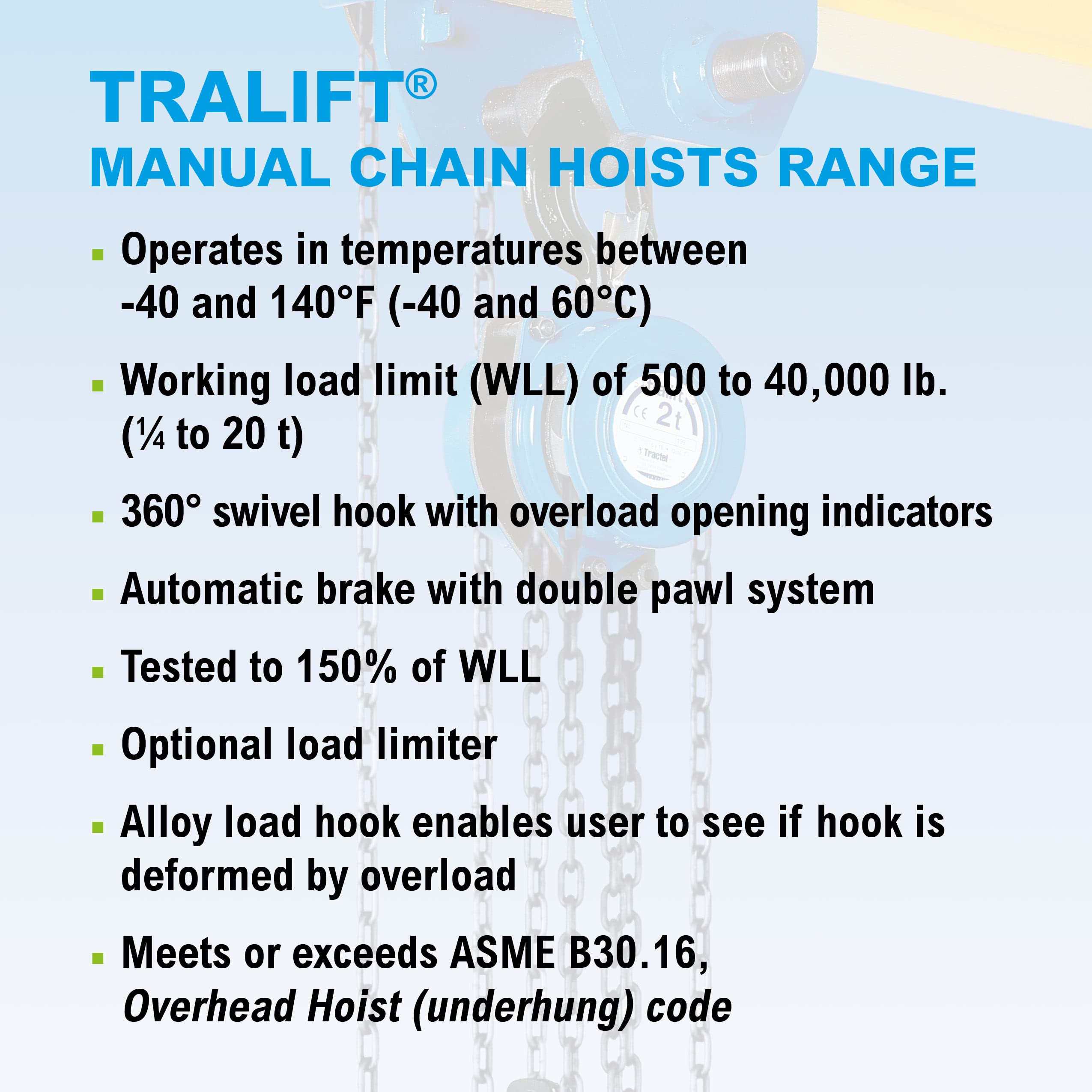 Tractel Manual Chain Hoist | 1/4 Ton - 500 lbs Capacity | 10 ft Steel Chain | Industrial-Grade Steel for Construction, Workshops, Garages | Tralift 56429