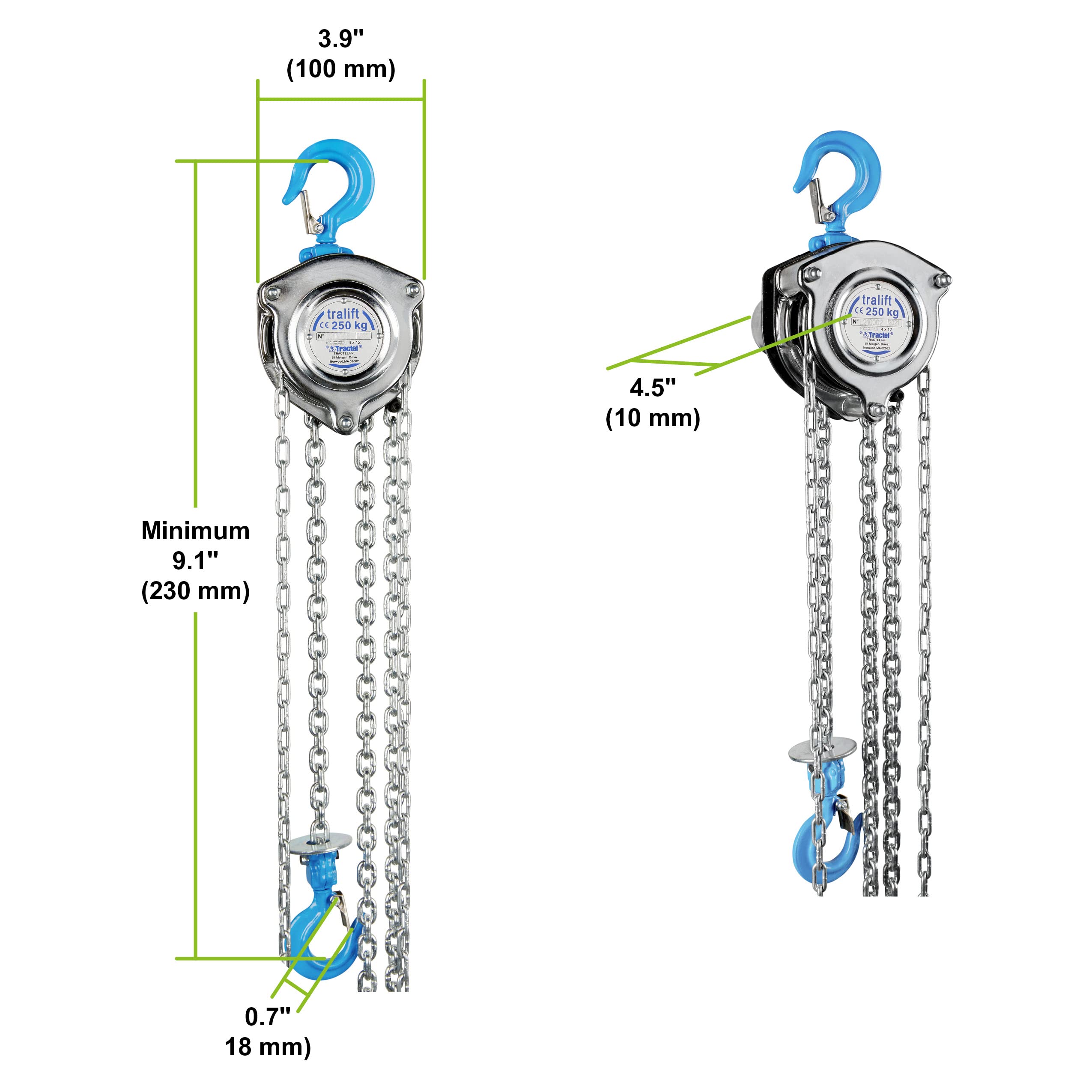 Tractel Manual Chain Hoist | 1/4 Ton - 500 lbs Capacity | 10 ft Steel Chain | Industrial-Grade Steel for Construction, Workshops, Garages | Tralift 56429