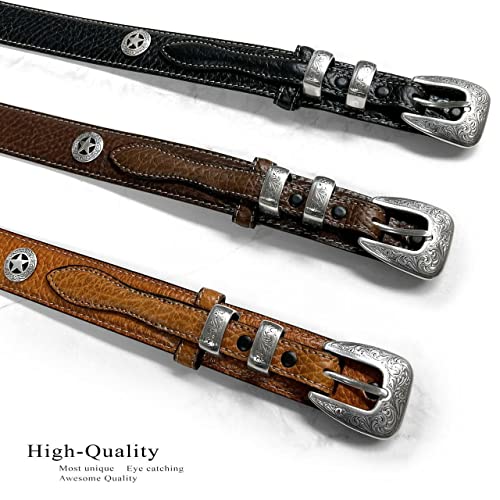 Silver Engraved Ranger Star Concho Genuine Leather Western Ranger Belt (Black, 36)