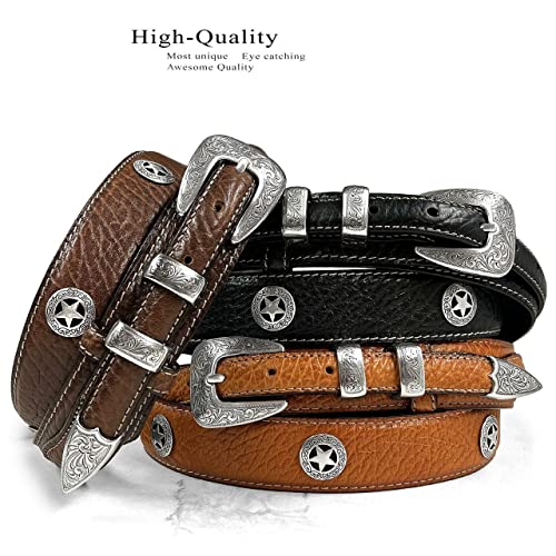 Silver Engraved Ranger Star Concho Genuine Leather Western Ranger Belt (Black, 36)