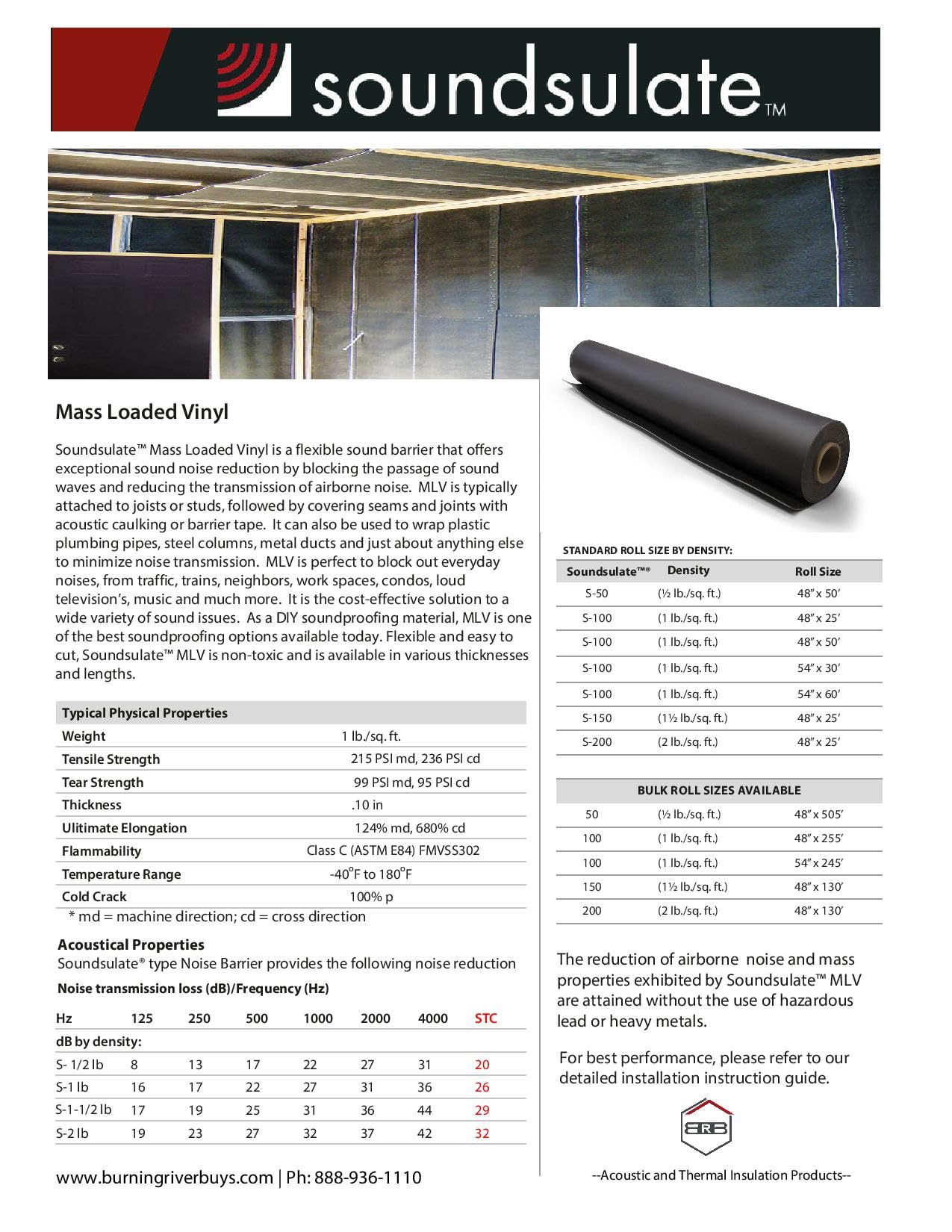 Soundsulate™ 1 lb Mass Loaded Vinyl MLV, Soundproofing Barrier 4' x 25 (100 sf) - Made in USA - Click for Options