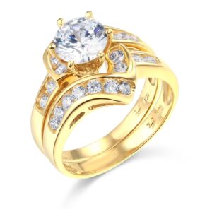 14k Yellow Gold SOLID Wedding Engagement Ring and Wedding Band 2 Piece Set - Size 7