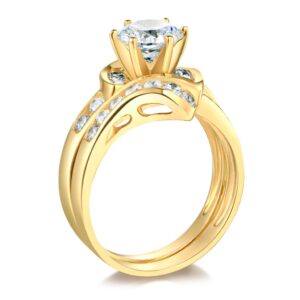 14k Yellow Gold SOLID Wedding Engagement Ring and Wedding Band 2 Piece Set - Size 7