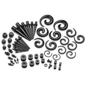 PiercingJ 56pcs 12G-00G Acrylic Tapers + Screw Tunnels + Plug with O Ring + Spiral Tapers Gauge Kit