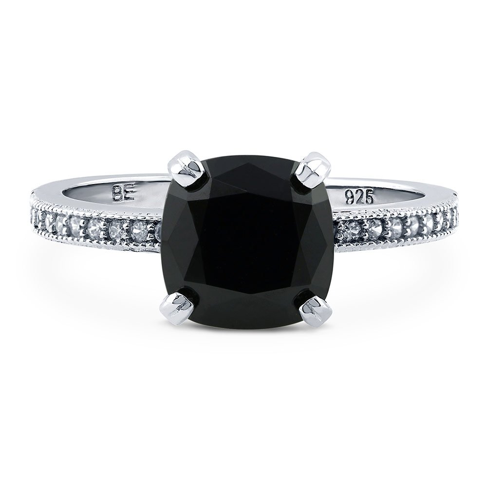 BERRICLE Sterling Silver Solitaire 3 Carat Black Cushion Cut Cubic Zirconia CZ Fashion Ring for Women, Rhodium Plated Size 7