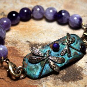 Elaine Coyne Collectible Artwear Patina Brass Dragonflies Interchangeable Rockband Bracelet - Amethyst, Charoite