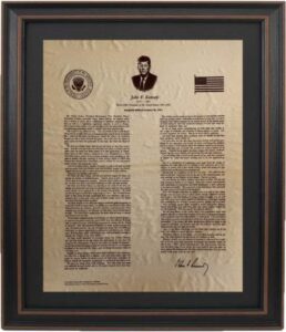 framed john f. kennedy inaugural address : replica historical document. handmade in usa