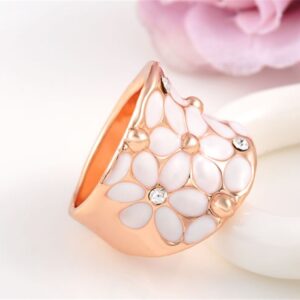 Fashion Month Womens Elegant White Enamel Flower Rose Gold Band Bloom Petal Wedding Engagement Ring Crystal Inlay Size 8