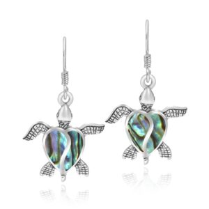 AeraVida Love Life Sea Ocean Turtle Heart Abalone Shell Sterling Silver Dangle Earrings