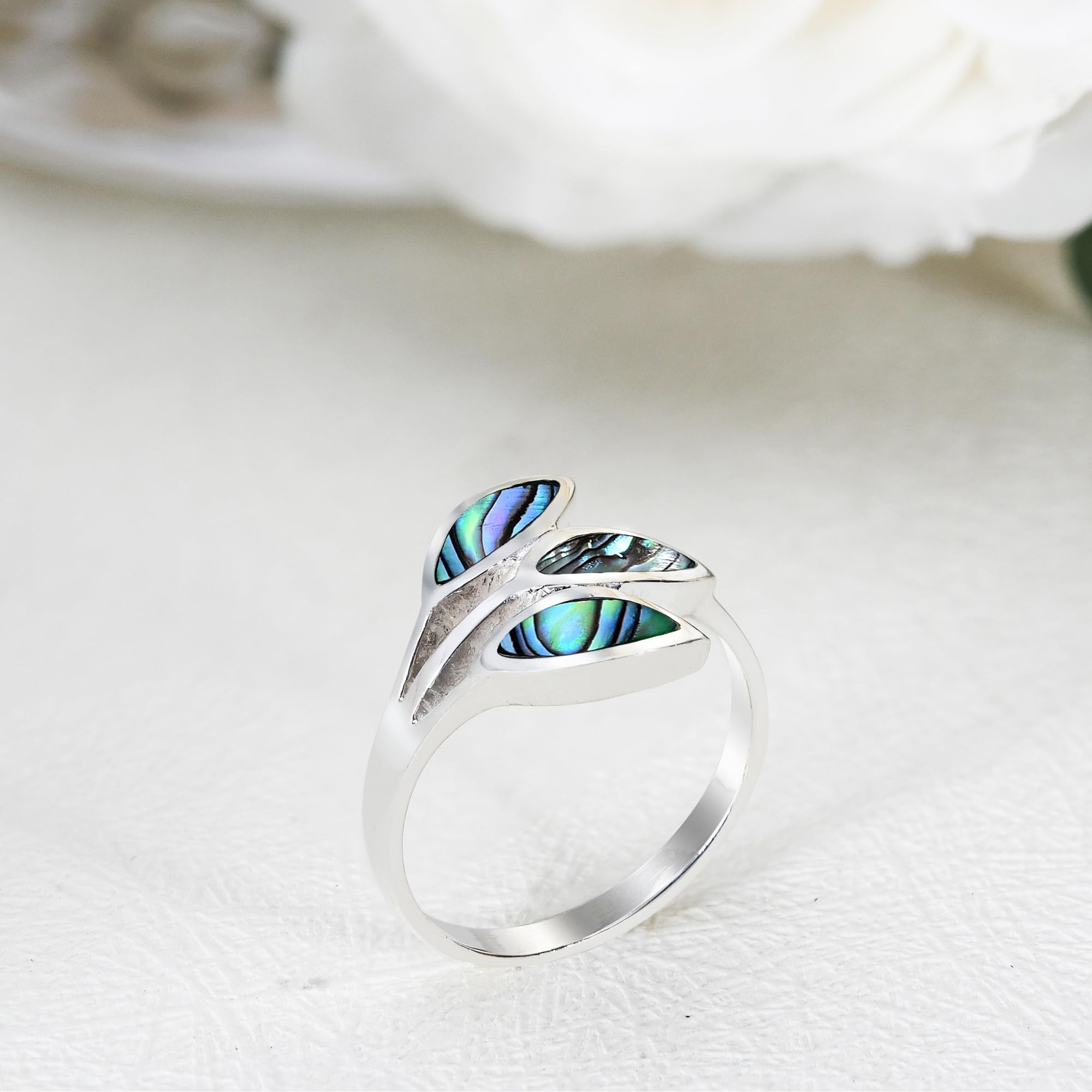 AeraVida Tropical Rainbow Abalone Shell Leaf Wrap .925 Sterling Silver Ring (7)