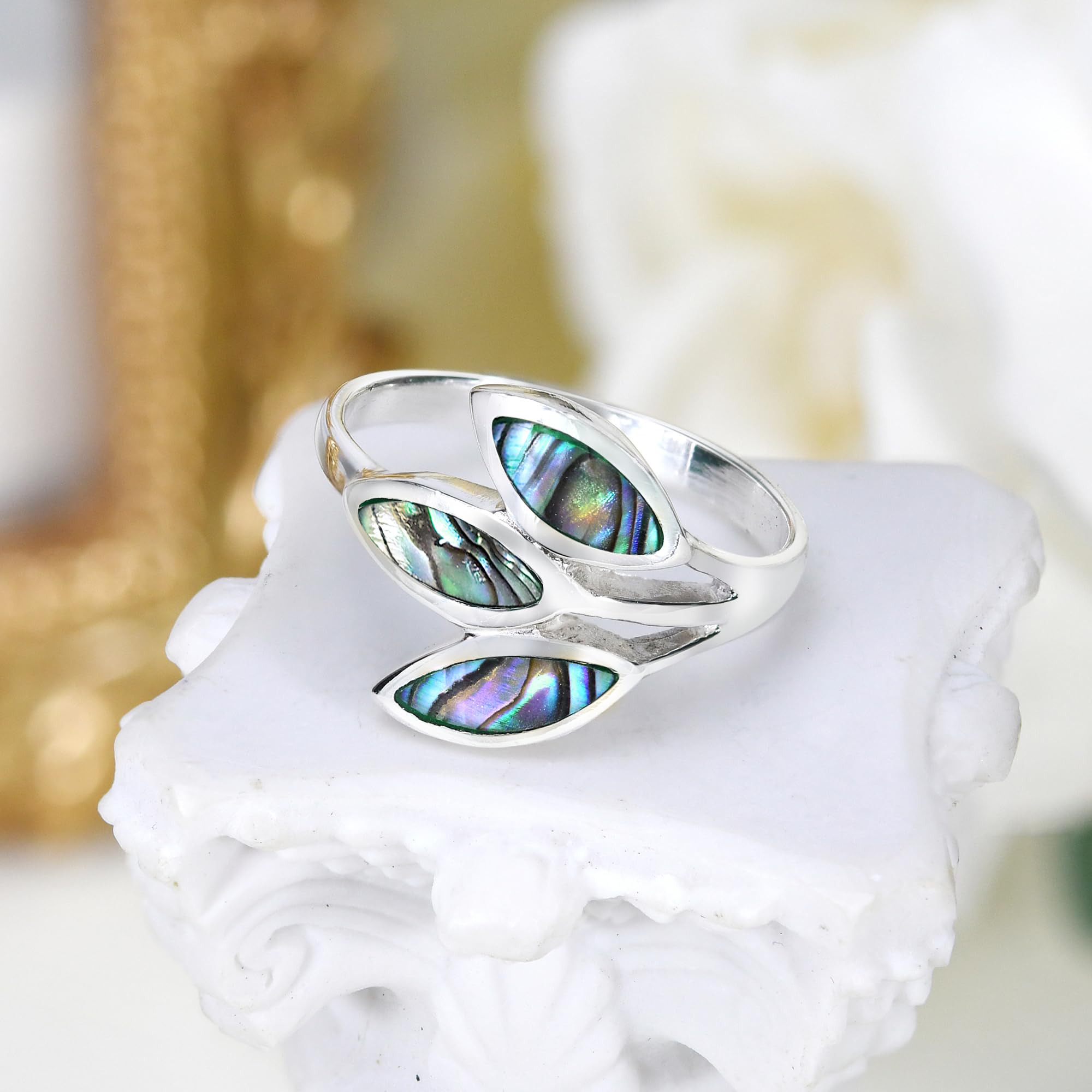 AeraVida Tropical Rainbow Abalone Shell Leaf Wrap .925 Sterling Silver Ring (7)