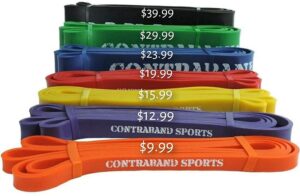 contraband sports 7419 41in loop elastic resistance bands, weight lifting bands, powerlifting bands, pullup assistance bands, and yoga stretch bands - gym, home, or travel (#0 orange, 41 inch)