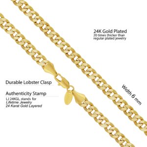 LIFETIME JEWELRY 6mm Cuban Link Chain Necklace 24k Gold Plated for Men and Women (6mm & 9.5mm) (20 inches, 6mm, Gold)