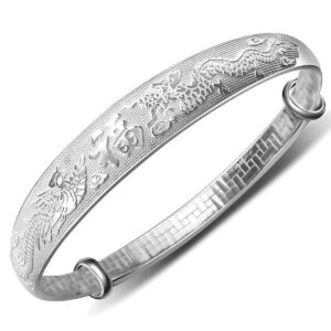 women's 999 solid sterling silver chinese dragon phoenix carved adjustable bangle bracelet 27g weight for women | dragon jewelry for women | sterling silver bangle