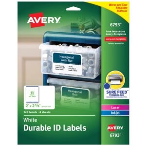 avery® durable easy peel® id labels with sure feed® technology, 6793, rectangle, 2" x 2-5/8", white, pack of 120