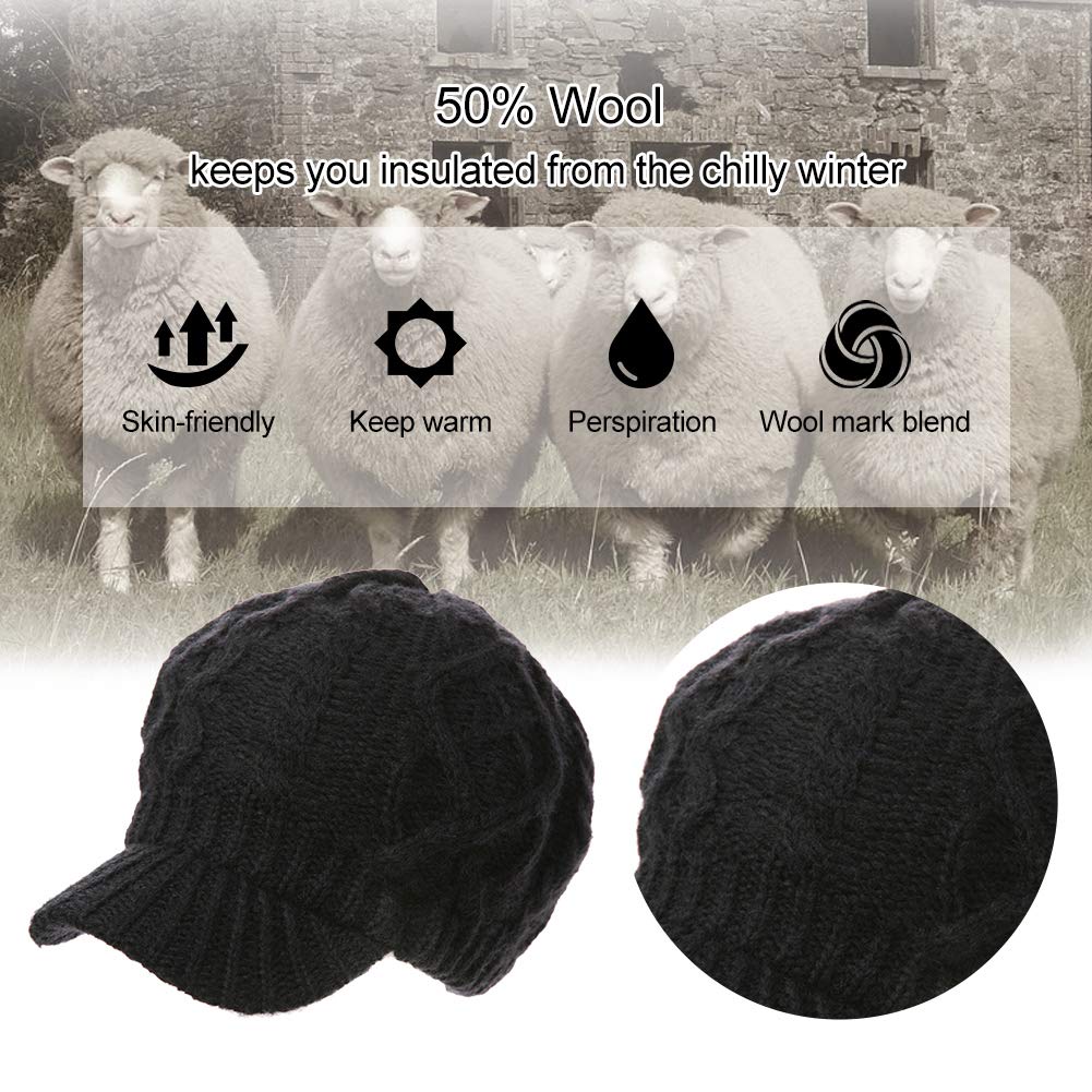 Comhats Winter Newsboy Hats for Women with Brim Knit Visor Caps Wool Bill Ladies Bill Beret Silk Warm Black