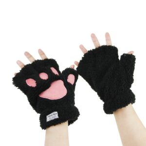 FakeFace Cute Cat Kitten Paw Fingerless Faux Fur Plush Gloves For Girls Women, Black, Small