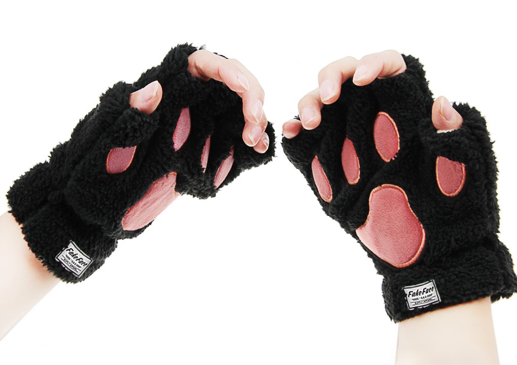 FakeFace Cute Cat Kitten Paw Fingerless Faux Fur Plush Gloves For Girls Women, Black, Small