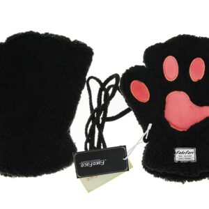 FakeFace Cute Cat Kitten Paw Fingerless Faux Fur Plush Gloves For Girls Women, Black, Small