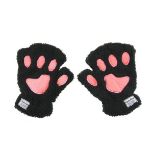 FakeFace Cute Cat Kitten Paw Fingerless Faux Fur Plush Gloves For Girls Women, Black, Small