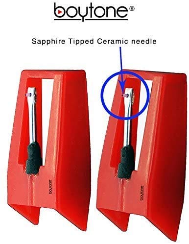 Boytone Pack of 2, Sapphire Tipped Ceramic Replacement Needle for Turntables,RED