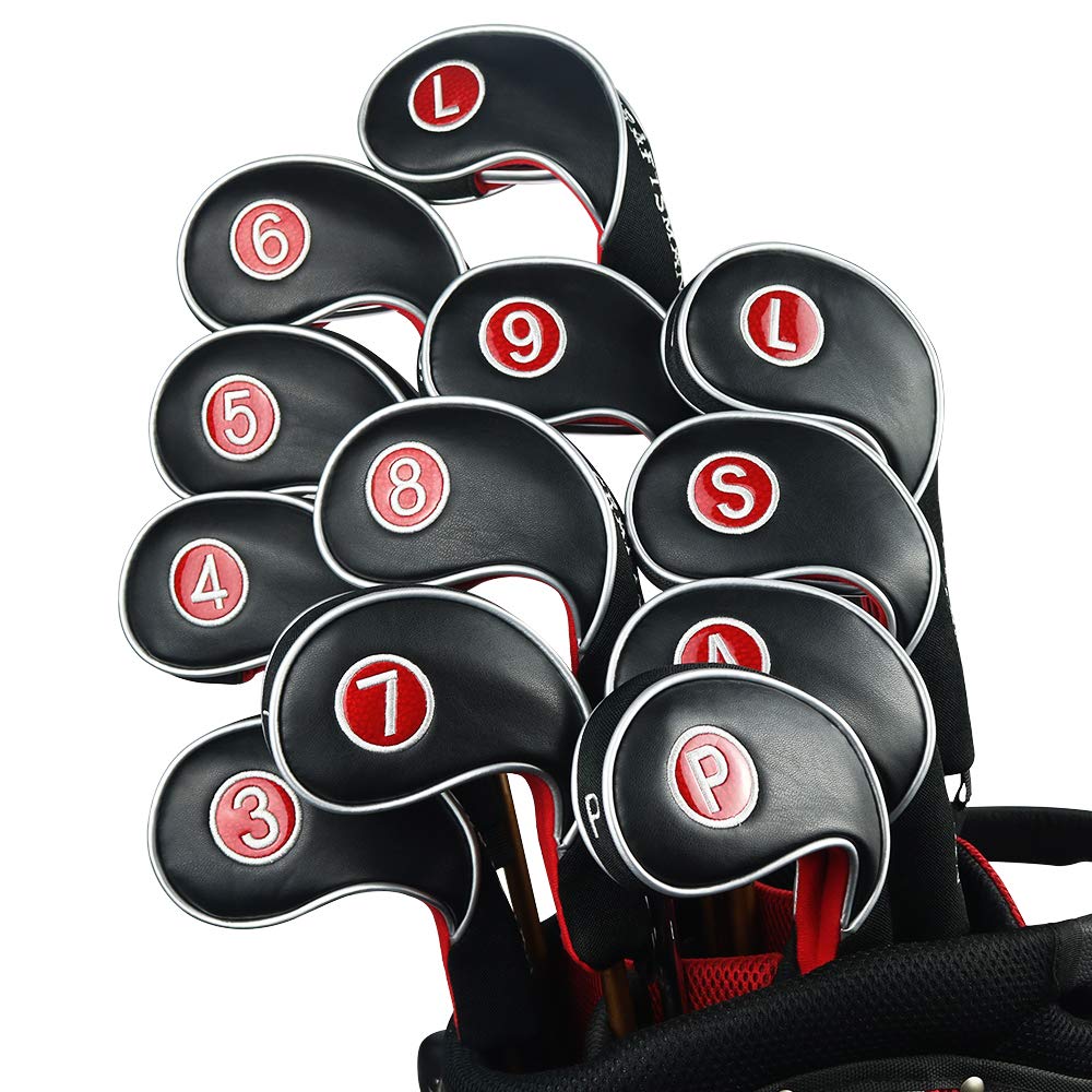 Craftsman Golf 12pcs Golf Iron Putter Head Covers Headcover Set Black & Red Fit All Brands Callaway, Ping, Taylormade, Cobra, Etc.