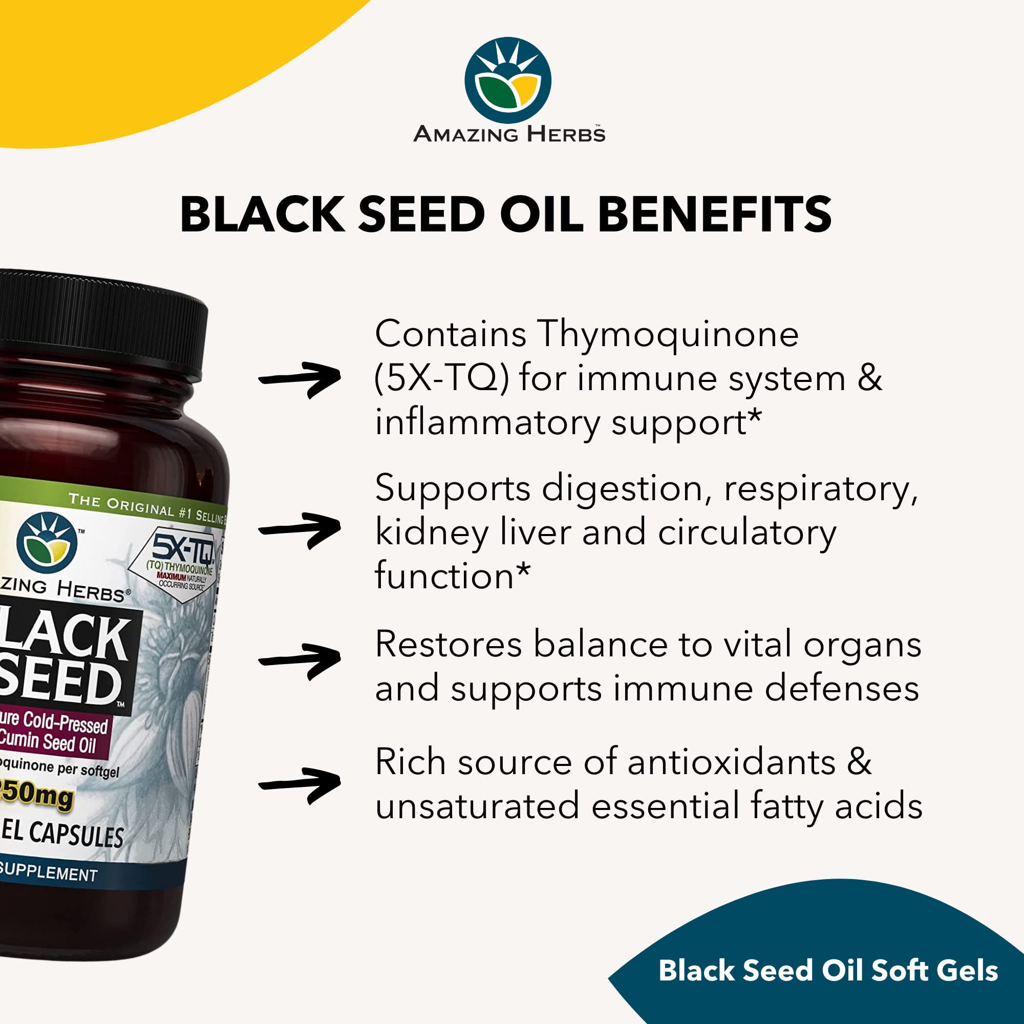 Amazing Herbs Premium Black Seed Oil Capsules - High Potency, Cold Pressed Nigella Sativa Aids in Digestive Health, Immune Support & Brain Function - 60 Count, 1250mg