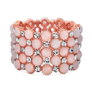 Bling Jewelry Holiday Fashion Wide Cuff Pink Rose Gold Plated Pink Cats Eye Crystal Statement Stretch Bracelet For Women Teen Prom