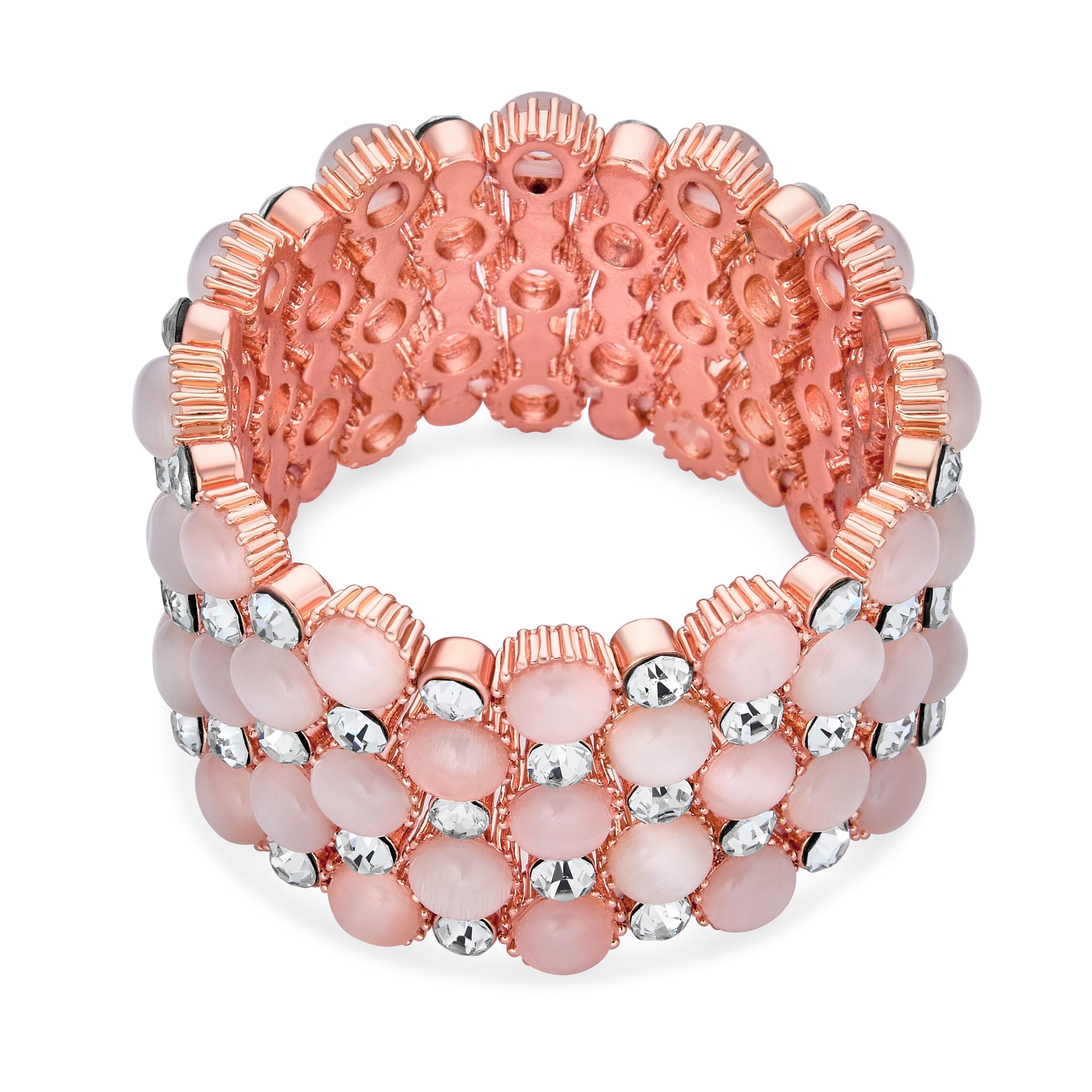 Bling Jewelry Holiday Fashion Wide Cuff Pink Rose Gold Plated Pink Cats Eye Crystal Statement Stretch Bracelet For Women Teen Prom