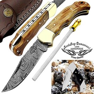 best.buy.damascus1 ultimate folding knife olive wood pocket knife compact, damascus knife - ideal for outdoor, survival, camping & everyday use knife set