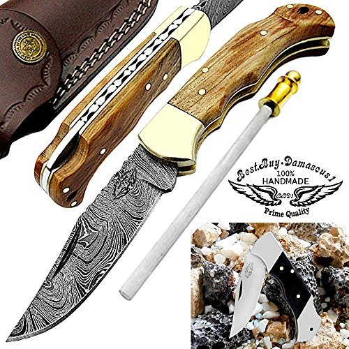 Best.Buy.Damascus1 Ultimate Folding knife Olive Wood Pocket Knife Compact, Damascus Knife - Ideal for Outdoor, Survival, Camping & Everyday Use Knife Set