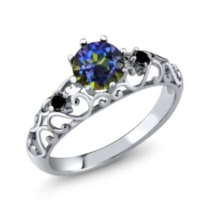 Gem Stone King 925 Sterling Silver Round Blue Mystic Topaz and Black Diamond Women's Ring (1.11 Cttw, Gemstone Birthstone, Available In Size 5, 6, 7, 8, 9)