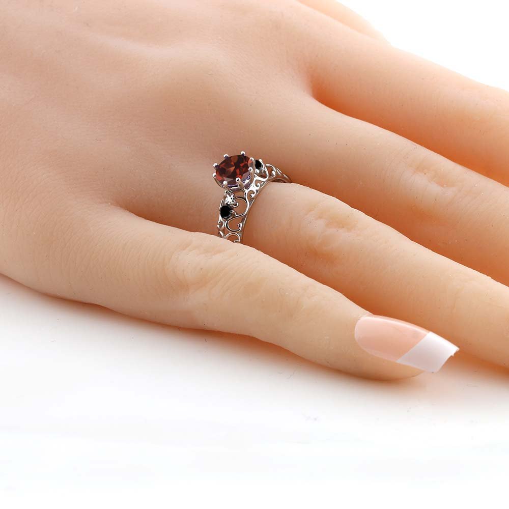 Gem Stone King 925 Sterling Silver Red Garnet and Black Diamond Engagement Ring For Women (1.11 Cttw, Gemstone Birthstone, Available In Size 5, 6, 7, 8, 9)