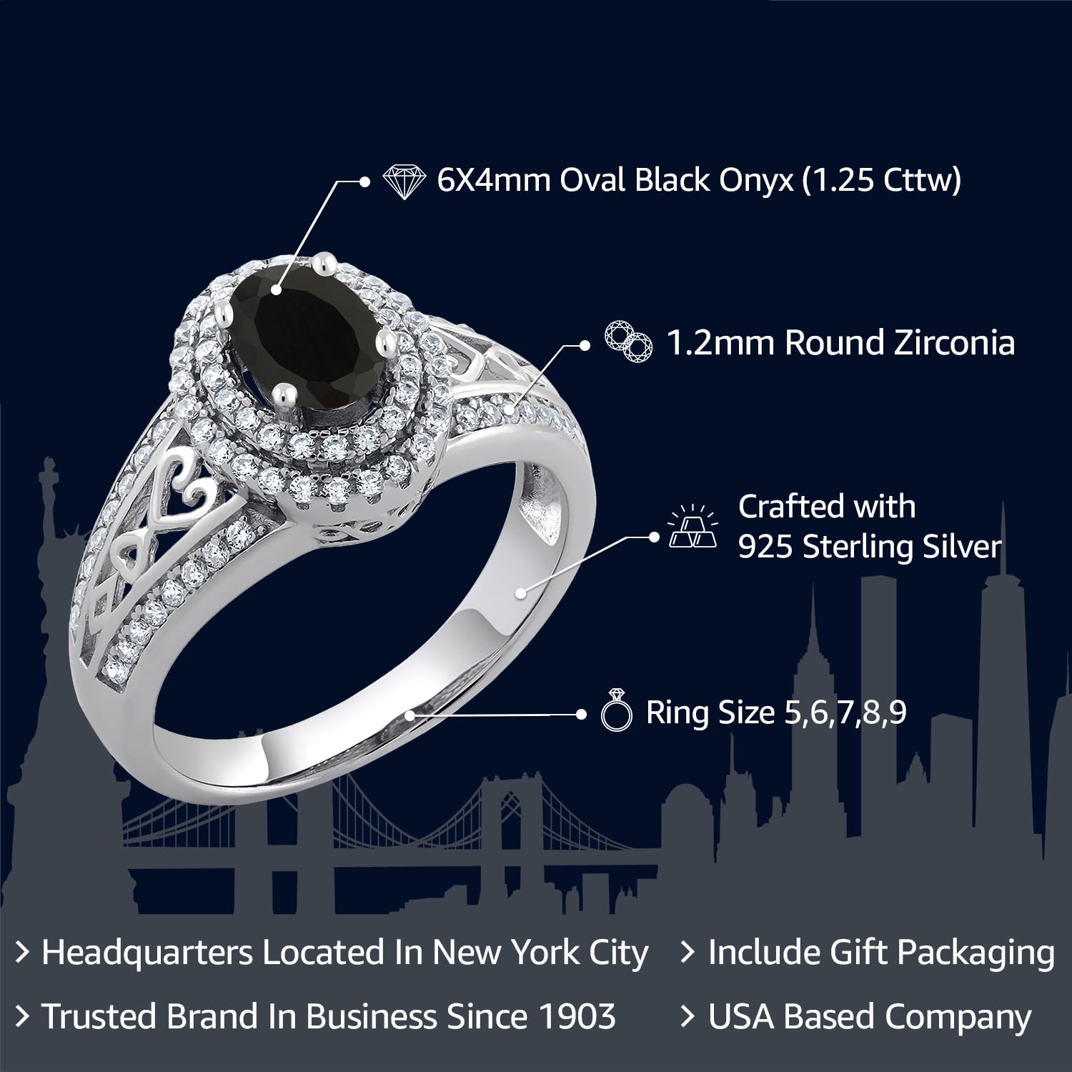 Gem Stone King 925 Sterling Silver Black Onyx Engagement Ring For Women (1.25 Cttw, Gemstone Birthstone, Available In Size 5, 6, 7, 8, 9)