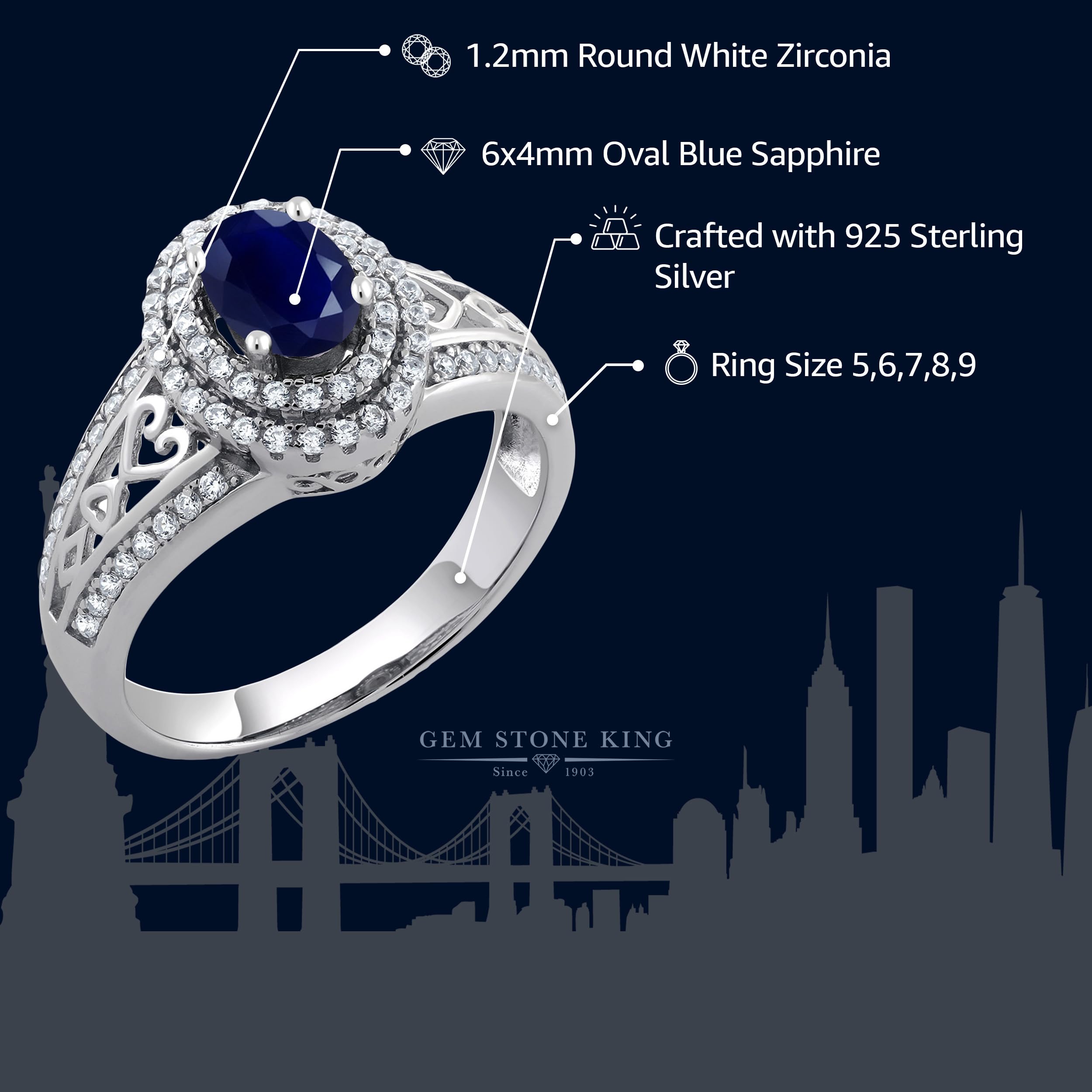 Gem Stone King 925 Sterling Silver Blue Sapphire Ring For Women (1.41 Cttw, Center Stone: 6X4MM, Gemstone Birthstone, Available In Size 5, 6, 7, 8, 9)