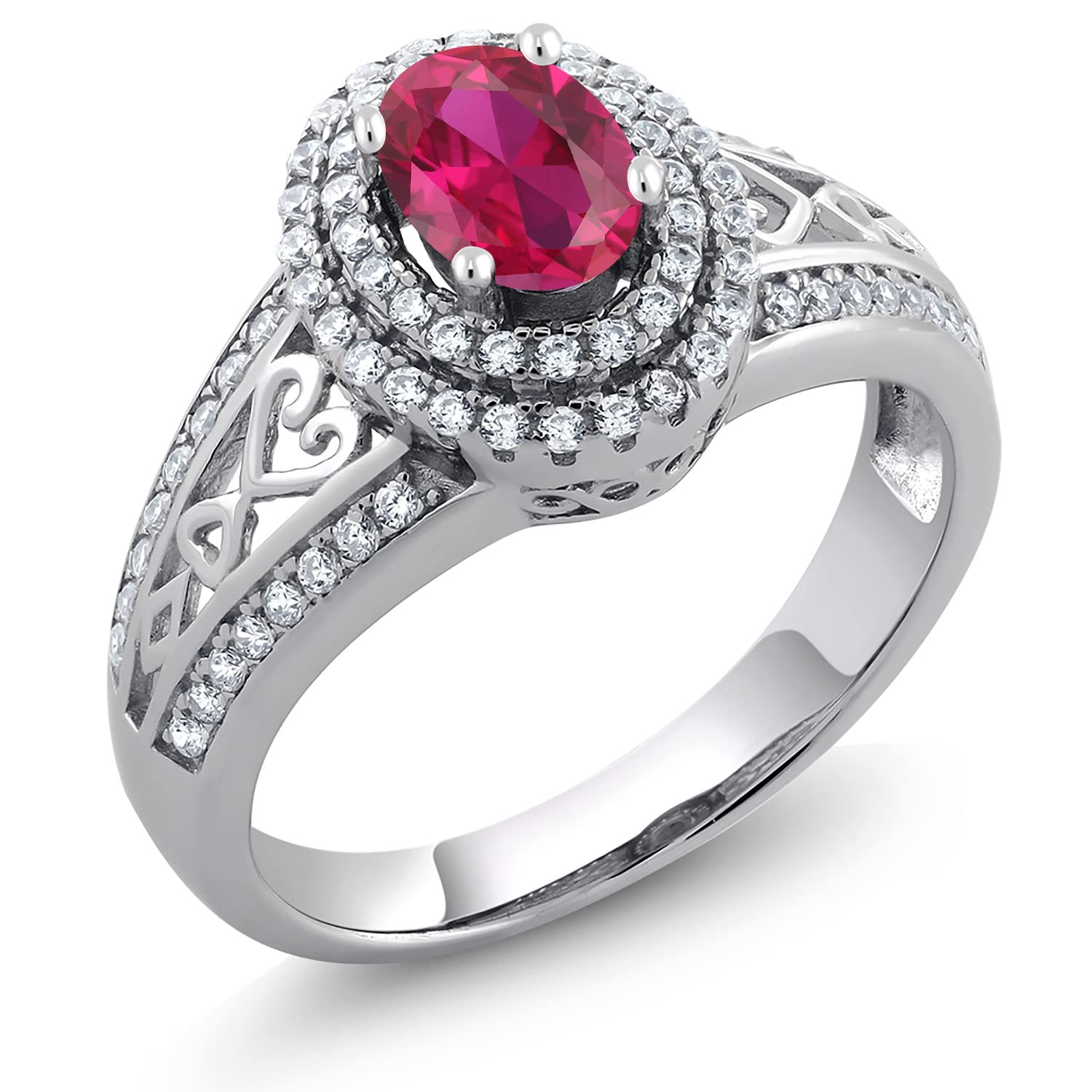 Gem Stone King 925 Sterling Silver Red Created Ruby Ring For Women | 1.36 Cttw | Oval 6X4MM | Available In Size 5,6,7,8,9