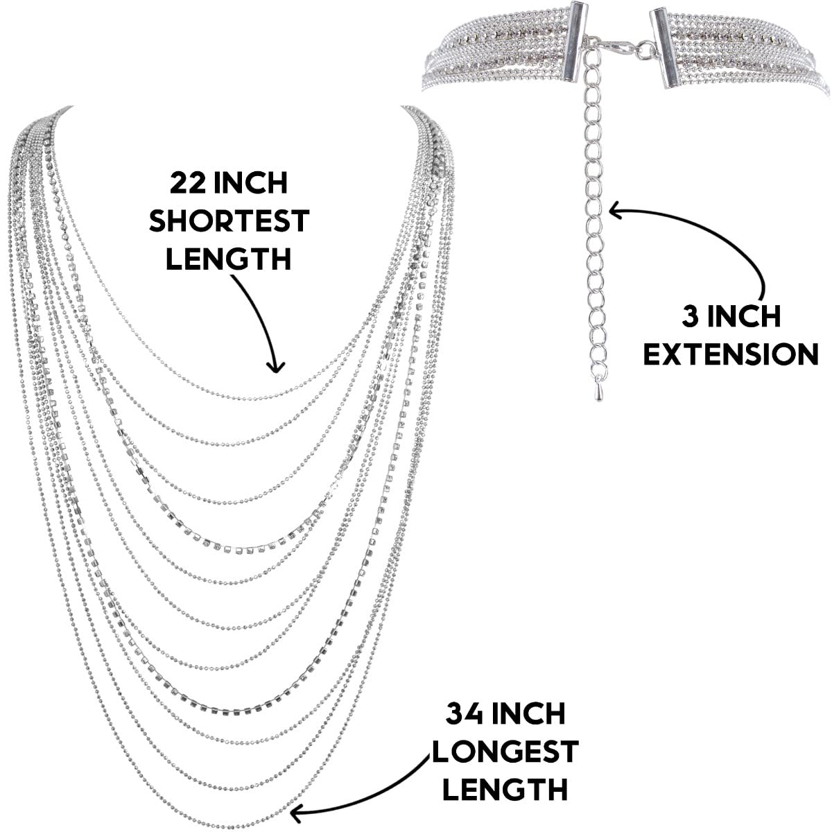 Humble Chic Rhinestone Necklace for Women - 925 Sterling Silver Plated Long Layered Necklaces for Women, Sparkly Fashion Simulated Diamond Chain, Trendy Statement Jewelry, Long Layered - Silver