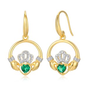 morgan & paige 18k yellow gold plated .925 sterling silver created emerald diamond-accent round claddagh heart 1" drop earrings (i-j / i3)