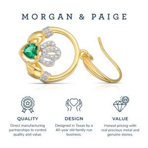 MORGAN & PAIGE 18K Yellow Gold Plated .925 Sterling Silver Created Emerald Diamond-Accent Round Claddagh Heart 1" Drop Earrings (I-J / I3)