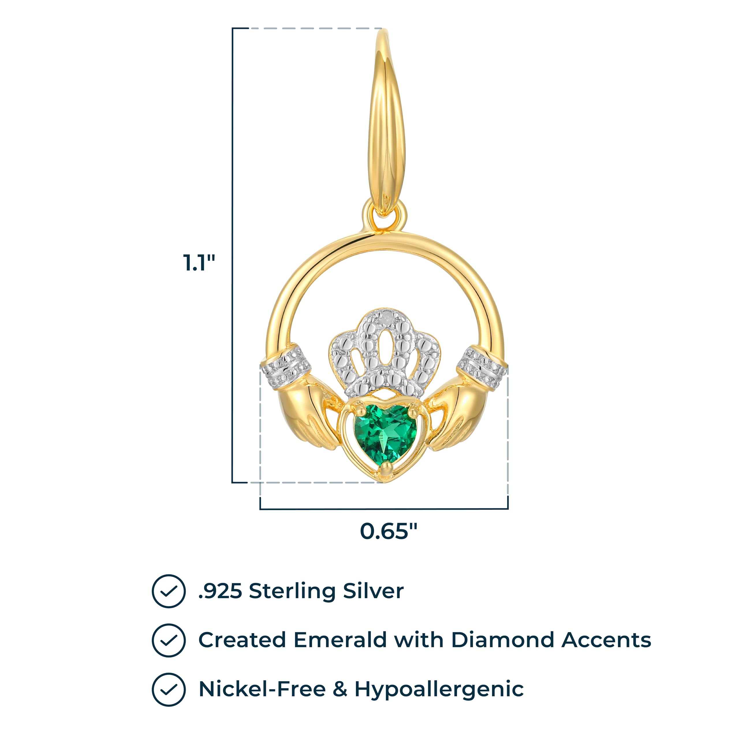 MORGAN & PAIGE 18K Yellow Gold Plated .925 Sterling Silver Created Emerald Diamond-Accent Round Claddagh Heart 1" Drop Earrings (I-J / I3)